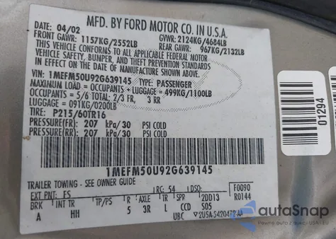 2002 Mercury Sable Gs из США, поврежденный, VIN 1MEFM50U92G639145